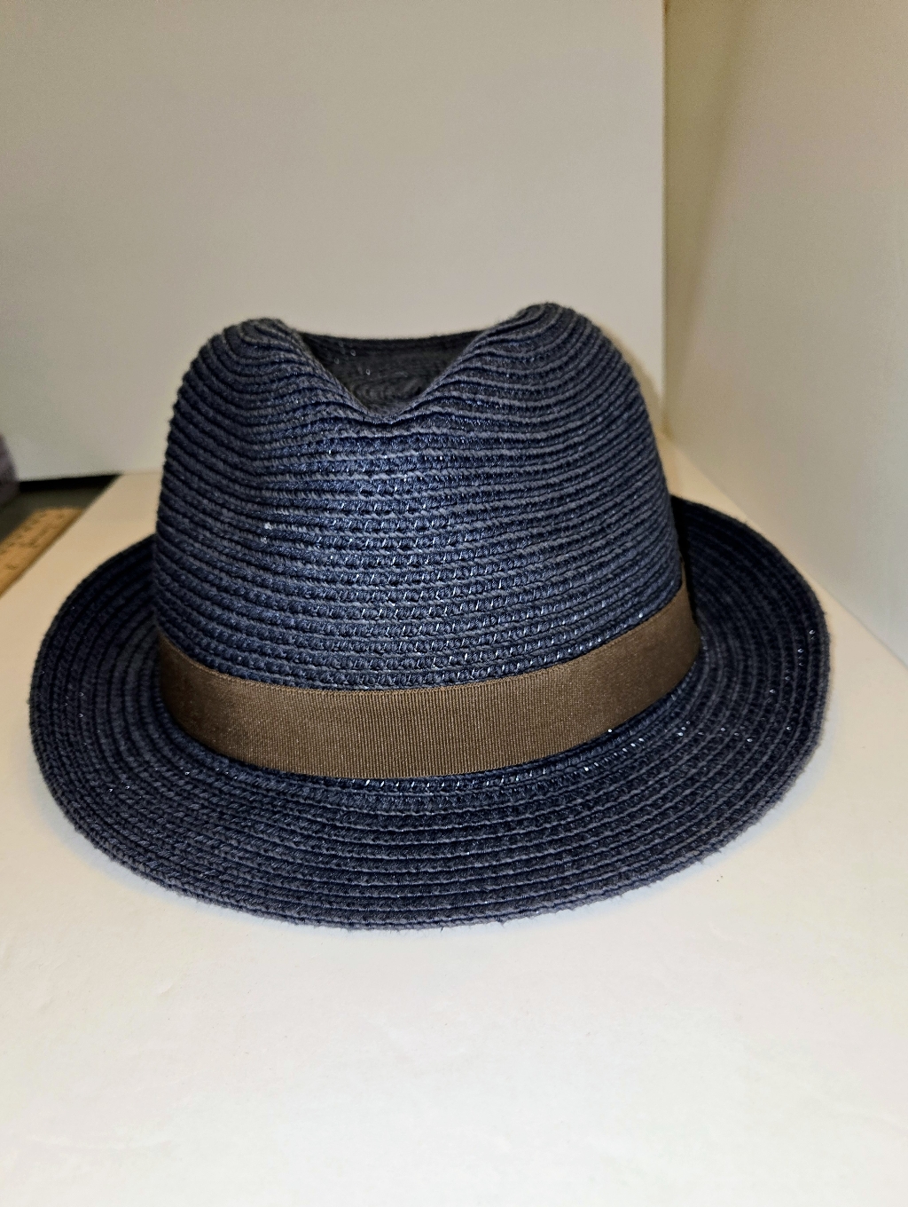 Navy Woven Fedora With Brown Band